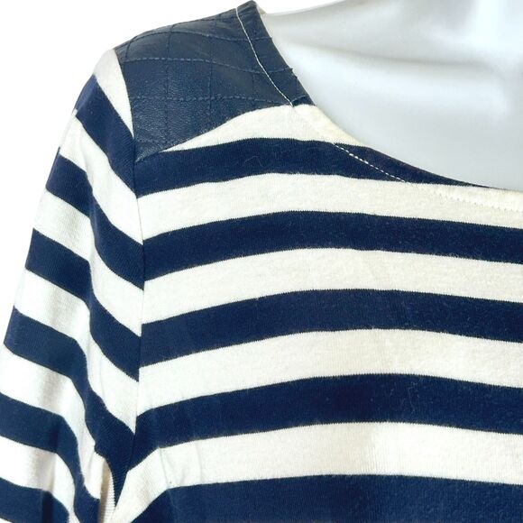 Tommy Hilfiger L Knit Top Faux Leather Yokes Navy Blue White Stripes 3/4 Sleeve - Picture 2 of 8